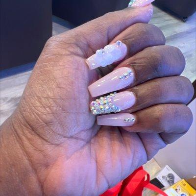 Full set for mother day nail tech Janie flowers rhinestone soft pink coffin style