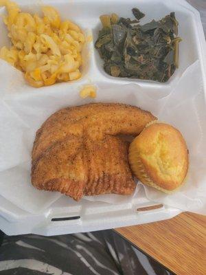 Fried Fish, Collard Greens, Macaroni & Cheese and a Roll