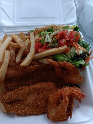 Lunchbox special: 2 pieces of whiting, 3 shrimp, fries and salad (I highly recommend the carrot ginger dressing), all for $12.95.