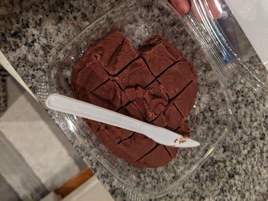 Fudge pre-divided with small plastic knife included to cut through fully for sharing