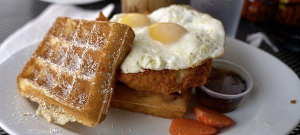 Chicken and Waffle Sandwich sunny side up!!! Just amazing.