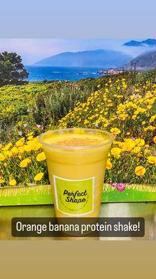 Orange , banana , bee pollen protein shake