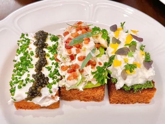 Caviar, Lobster salad, Burrata tartine