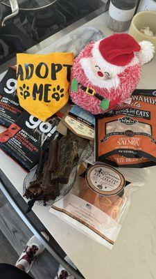 Sweet Potato treats, Freeze Dried Salmon, Ostrich Bone, Salmon Recipe (generous free sample!) and plush toy