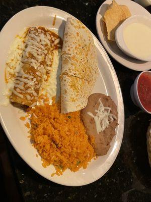 Dinner combo of beefsteak quesadilla and beef enchilada.