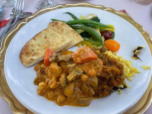 Vegan Rice Biryani Indian Butter Vegetables w/ Creamy Tomato Curry Sauce.  Vegan Indian Eggplant Bhartha Gluten-free Nann Bread