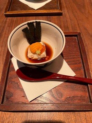 Uni tofu with salmon roe, nori and dashi sauce