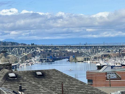 Aurora and Fremont bridges view over Lake Union from private balcony