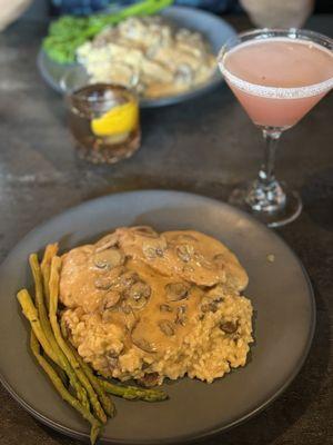 Chicken Marsala with creamy mushroom risotto. The drinks are COB Old Fashioned and a Grapefruit martini.