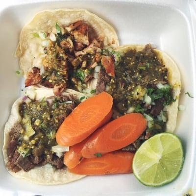 Carne asada and pollo asado tacos. Only $1 each on Tuesdays!