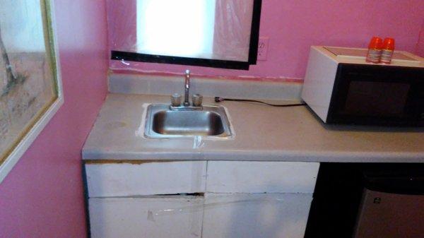 This is the kitchen of a $99 a night room at the Kent Motel