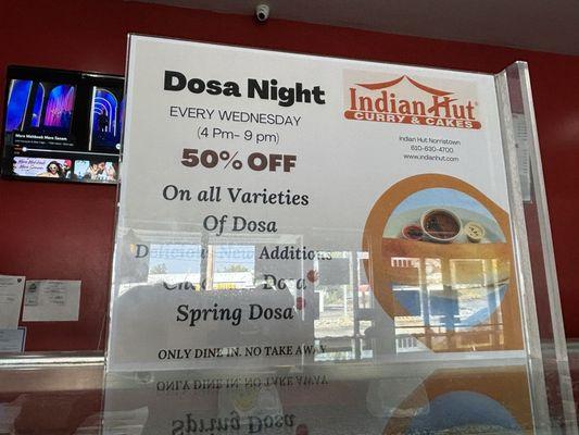 Specials on wed, 50% off dosas in evening