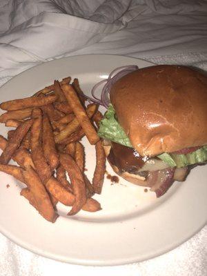 Black Rum Bacon Jack Burger with sweet potato fries