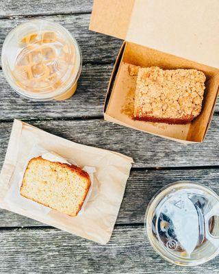 Coffee cake, corn bread, and coffees