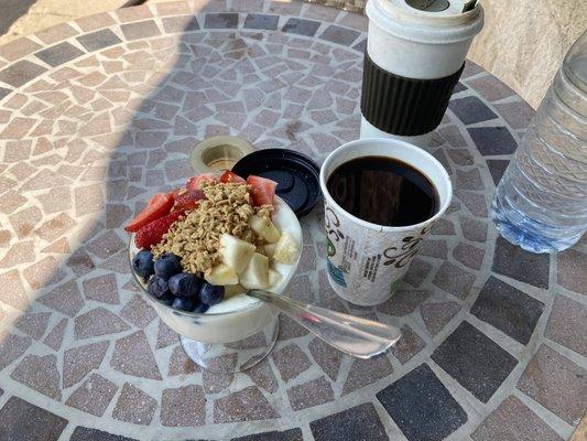 Excellent and delicious fruit yogurt parfait, plus an Americano...