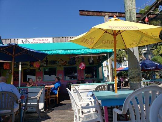 dining area on the dock, looking east