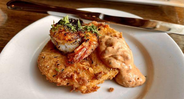 Fried green tomato with blackened shrimp