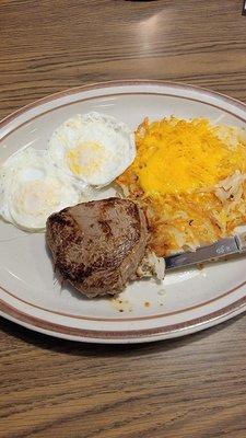 Steak and eggs with cheese on the hashbrowns. $11.99