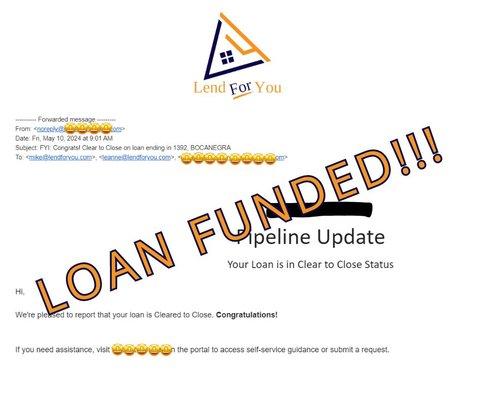 Congratulations to our Clients!
We've got Newly Funded Loans! Woo! 
THANK YOU FOR TRUSTING LEND FOR YOU! 
#LoanFunded #loanbroke