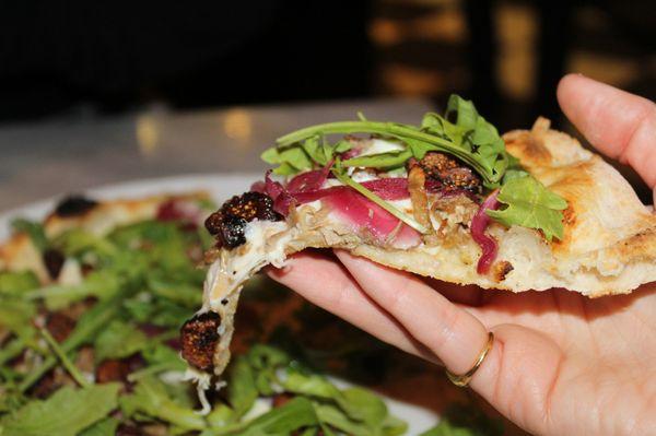 The Duck & Fig pizza was made with confit duck leg, port pickled red onion, fig, arugula and fresh mozzarella.