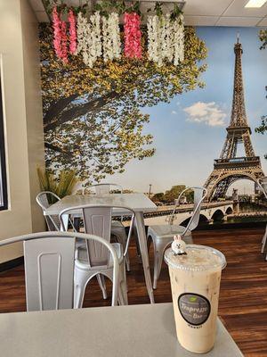 Paris wall mural... for the 2024 Olympics? ... and the $3 Tuesday drink of the day: Wintermelon Milk Tea (non-dairy is standard)