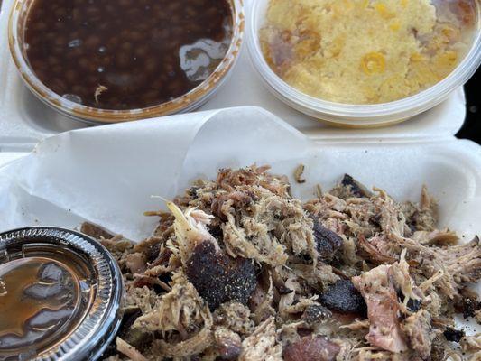 Pulled Pork Dinner (sides-corn casserole and baked beans)