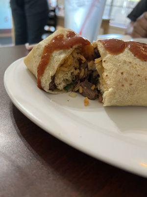 Carne Asada Burrito (with spicy salsa on top!)