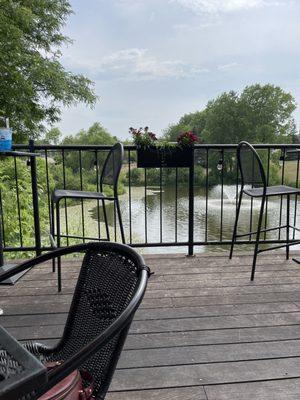 Nice pond alongside the patio. Makes great ambiance with potted flowers. Dog friendly. Ordered walleye and bluegill.