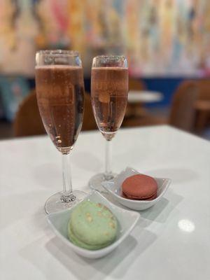 Rose and a pear frangimane and raspberry Chardonnay macaron