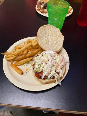 Smoke sausage with slaw & fries