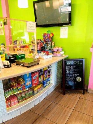 Front counter with a variety of snacks