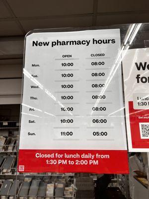 New pharmacy hours. Closed for lunch 1:30-2:00 PM daily. Taken 6/2023.