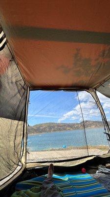 Hiding from the sun in my tent room.