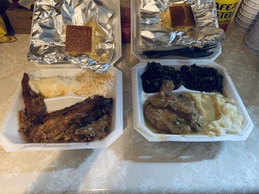 Turkey wing, mash potatoes and rice - 2nd is smothered chicken, mash potatoes and gravy and greens - all delicious.