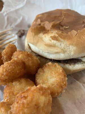 Pizza burger and tots