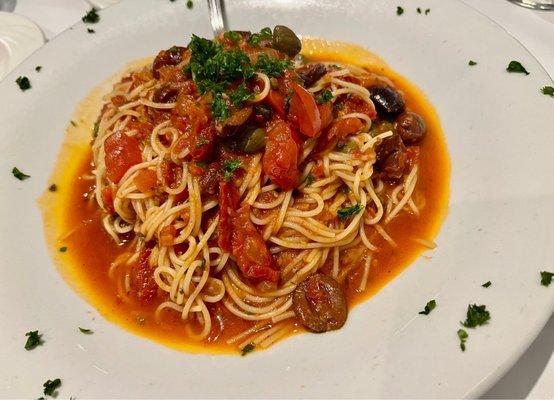 Puttanesca sauce with anchovies over Angel hair