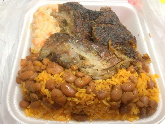 Ribs, Potato Salad, Red Beans and Yellow Rice with Chorizo