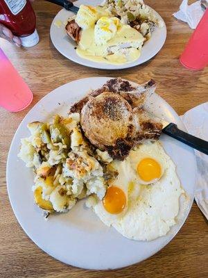 Pork chops and eggs and eggs Benedict