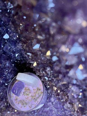 Amethyst Release Candle in a large cathedral with a selenite moon. Please go check them this place you'll be amazed.