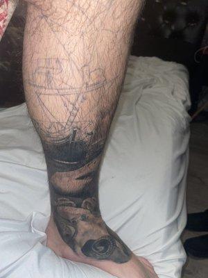 Unfinished leg sleeve, scum artist Mike Rodriguez