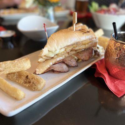 El Cubano Sandwich with Yuca Fries and a Moscow Mule