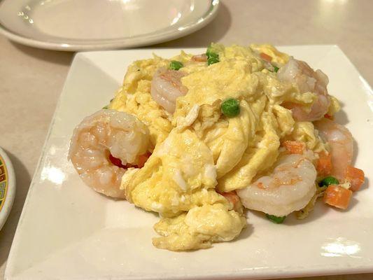 Fluffy scrambled eggs with shrimp. Yum!