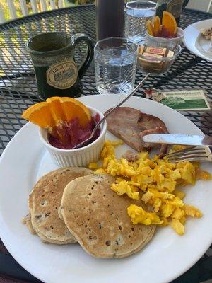 Morning #1 breakfast: lavender/pecan pancakes, eggs, ham, berry sorbet w/ orange slices.