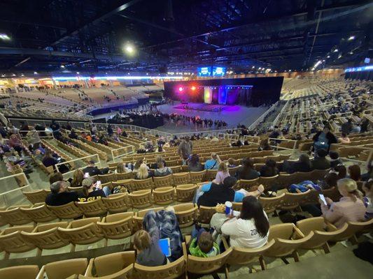 Inside the arena during a Cheerleading competition.