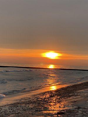 The sheen of the sun on the water & sand along the beach