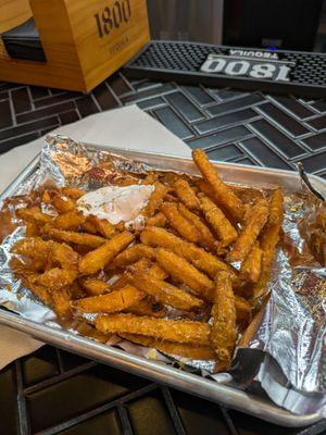 Yummy sweet potato fries with Marshmello, caramel drizzle (not too much) and brown sugar (just the right amount)