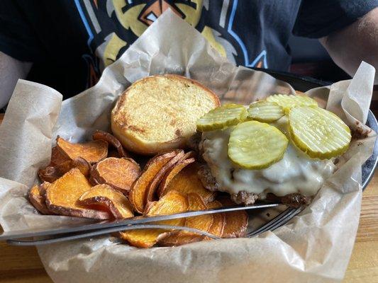 Burger with provolone and sweet potato fries