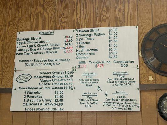 Menu with prices