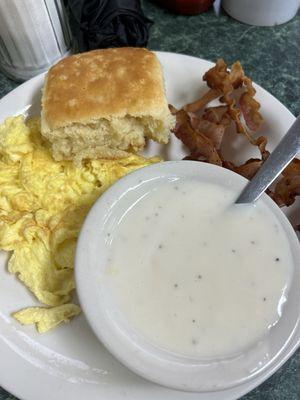 Breakfast special, 2 eggs, 3 bacon, biscuits and gravy