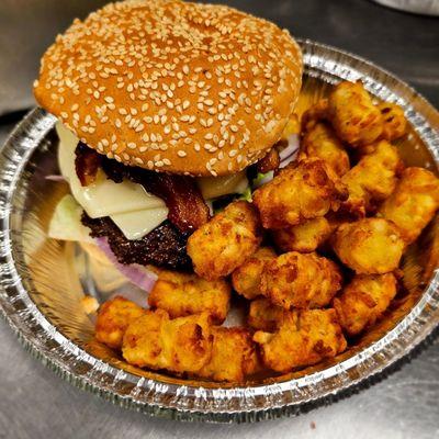 Bacon cheeseburger and tots